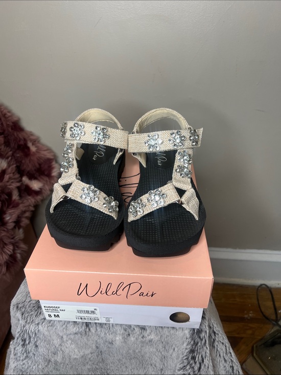Wild Pair Shoes - Wild Pair Beige Crystal Platform Sport Sandals